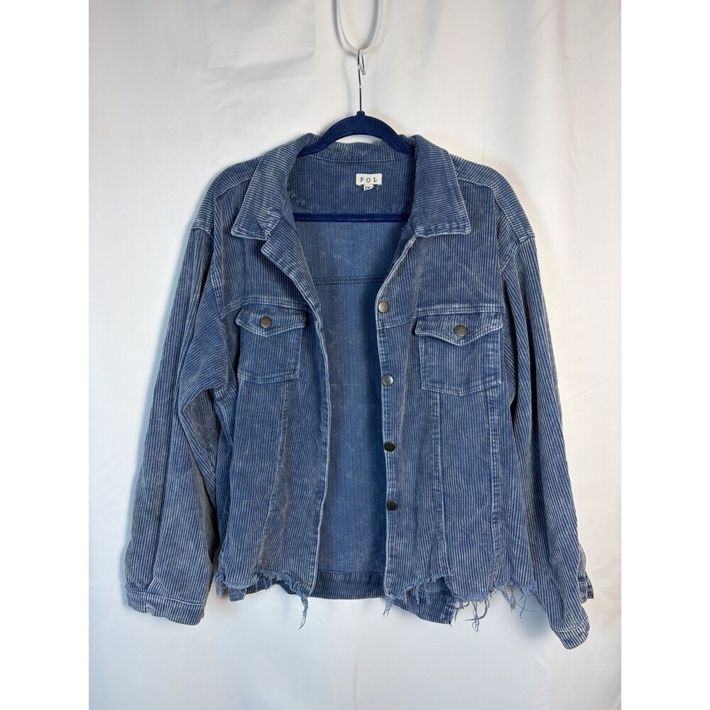 POL Sea Blue Crop Corduroy Distressed Raw Edge Jacket Frayed Size 2X Boho Grunge - Picture 2 of 11